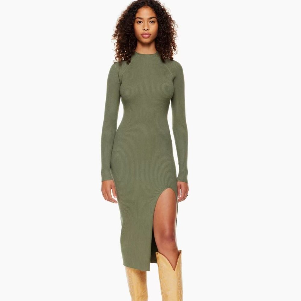 Aritzia Olive Green Ribbed Long-Sleeve Midi Dress with Side Slit